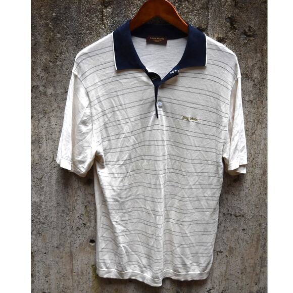 Leno Marin Made in Italy Silk Cotton Polo Shirt Beige Striped Short Sleeve Large - Picture 1 of 3